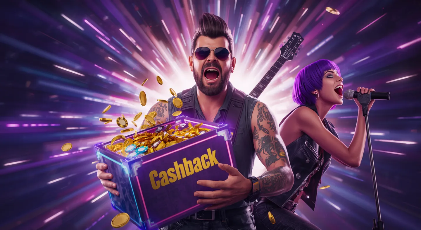 Rockstar Casino cashback promotion with rock musicians and overflowing gold coins