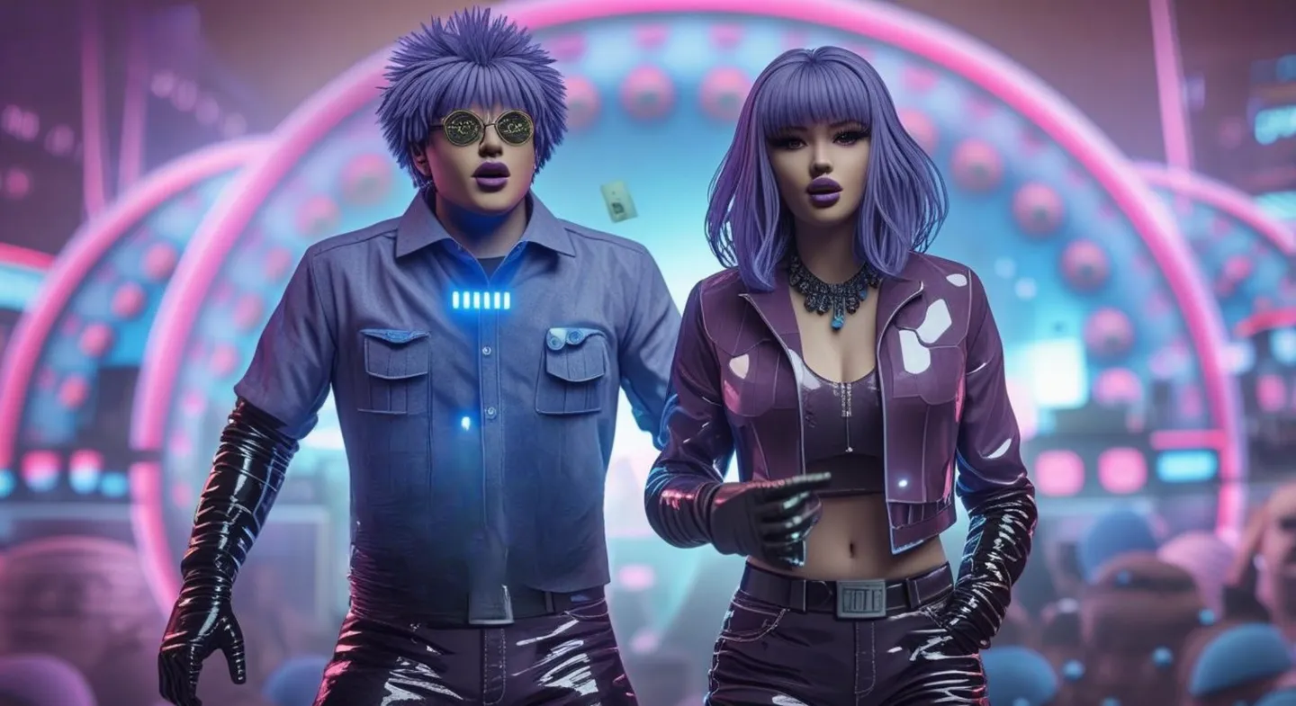 Rockstar Casino cyberpunk couple with purple hair in a neon-lit casino arcade