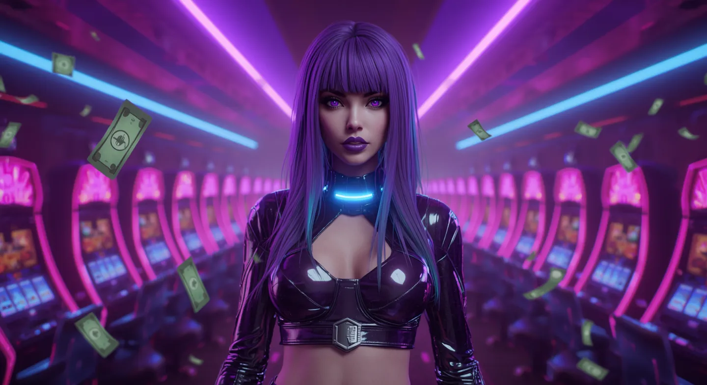 Rockstar Casino cyberpunk woman with purple hair in neon slot machine hall with falling money