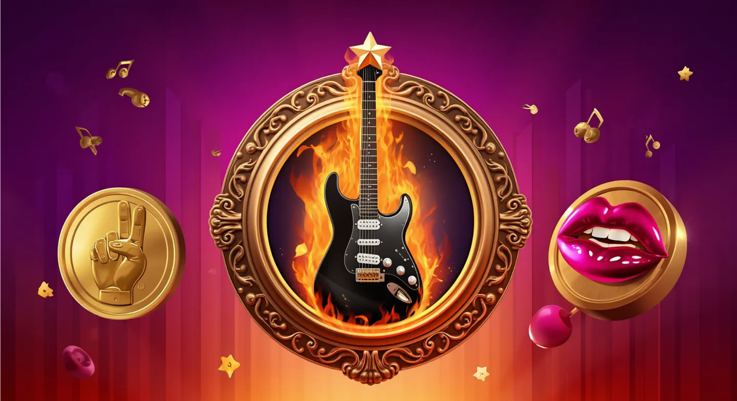 Rockstar Casino flaming electric guitar in ornate gold frame on purple background