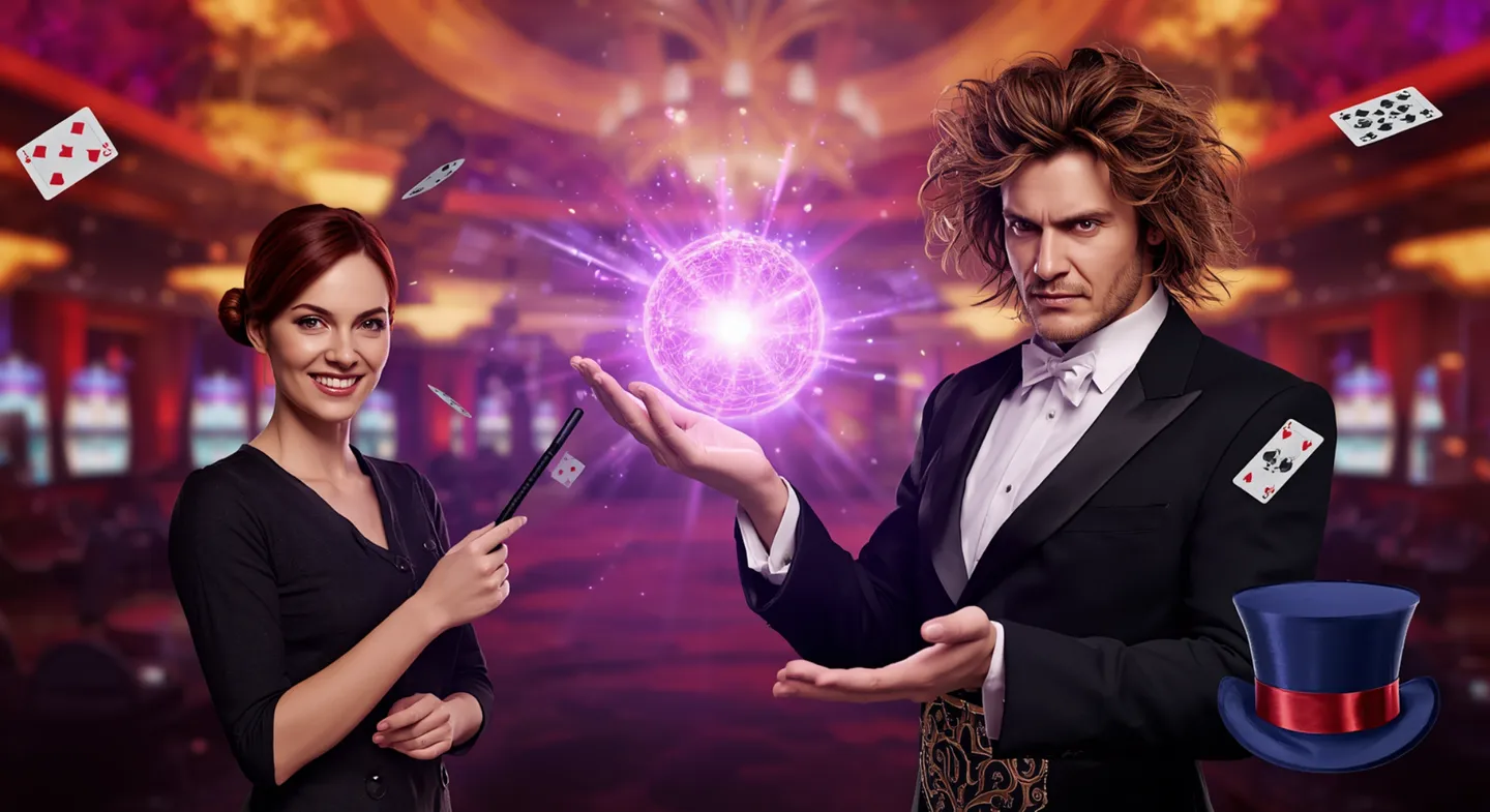 Rockstar Casino magician holding glowing purple orb with playing cards in a casino hall